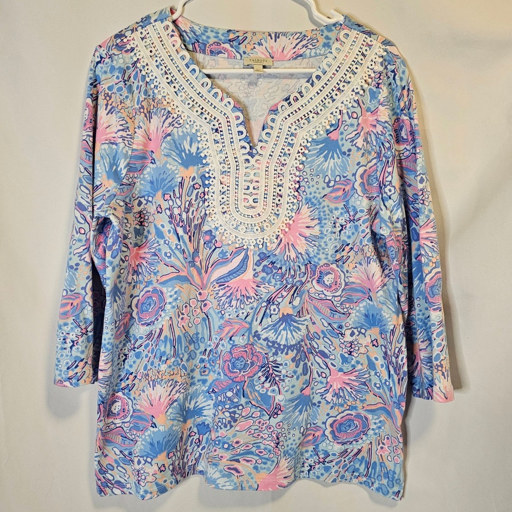 Talbots Floral Crochet Lace Tunic Women LP Blue Pink Resortwear Pastel Costal